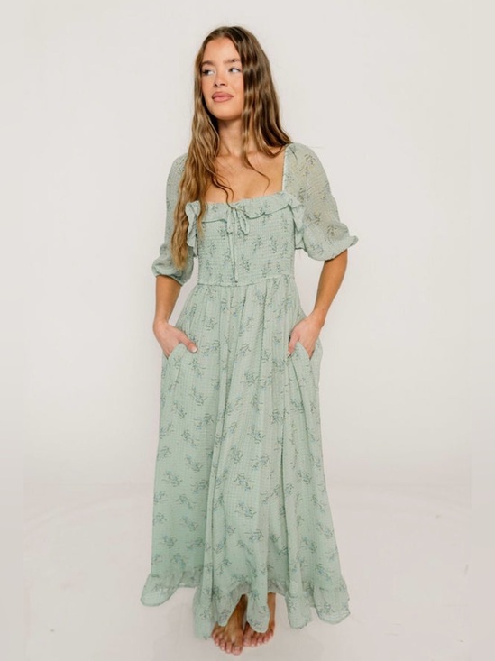 Worth Collective Dresses & Skirts - Elle Smocked Floral Ruffle Maxi Dress in Green Tea Floral NWOT